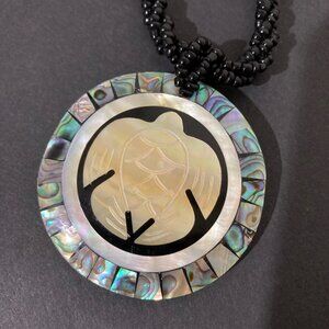 Abalone Shell Sea Turtle Pendant Necklace Black Beaded Strand